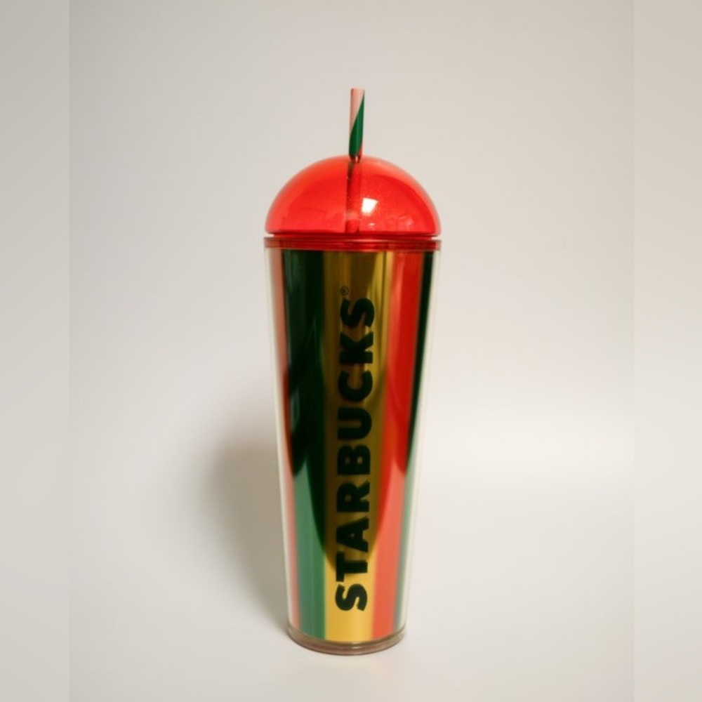 NWOT Starbucks 2024 Metallic Red, Green & Gold Stripe Cold Cup Dome Tumbler